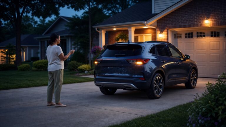 Michigan driver locking a crossover in a suburban driveway to help prevent vehicle theft