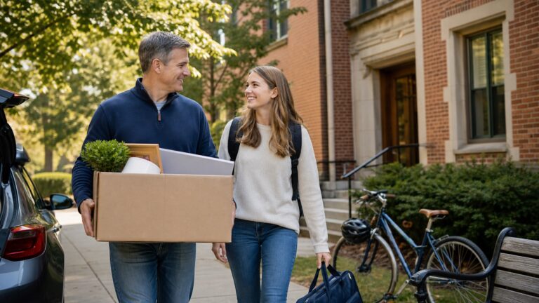 College student and parent carrying belongings during campus move-in in Michigan