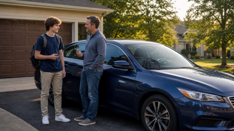 Michigan parent and teen reviewing safe-driving expectations beside a parked car